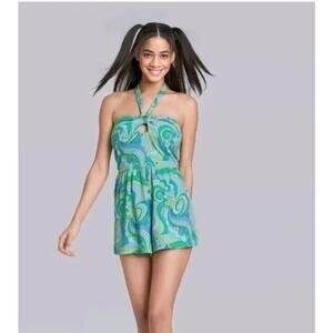 Wild Fable Terry Halter Romper Womens Size M Blue Swirl Playsuit Beach Cover Up